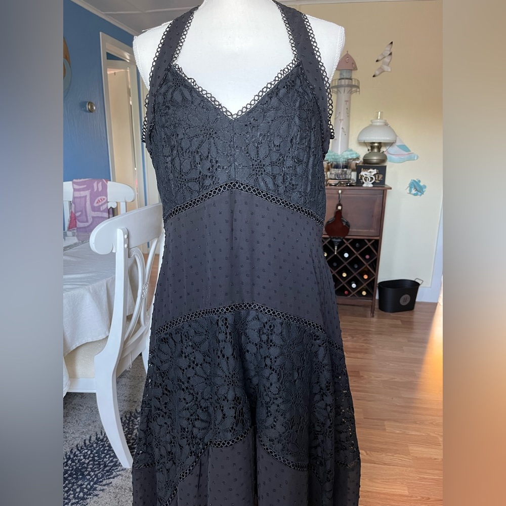 Black, lace, halter, handkerchief hem, made by Taylor